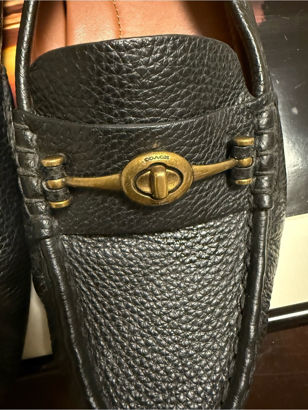 Coach Black Pebbled Leather Slip-On Loafers with Brass Turn-Lock